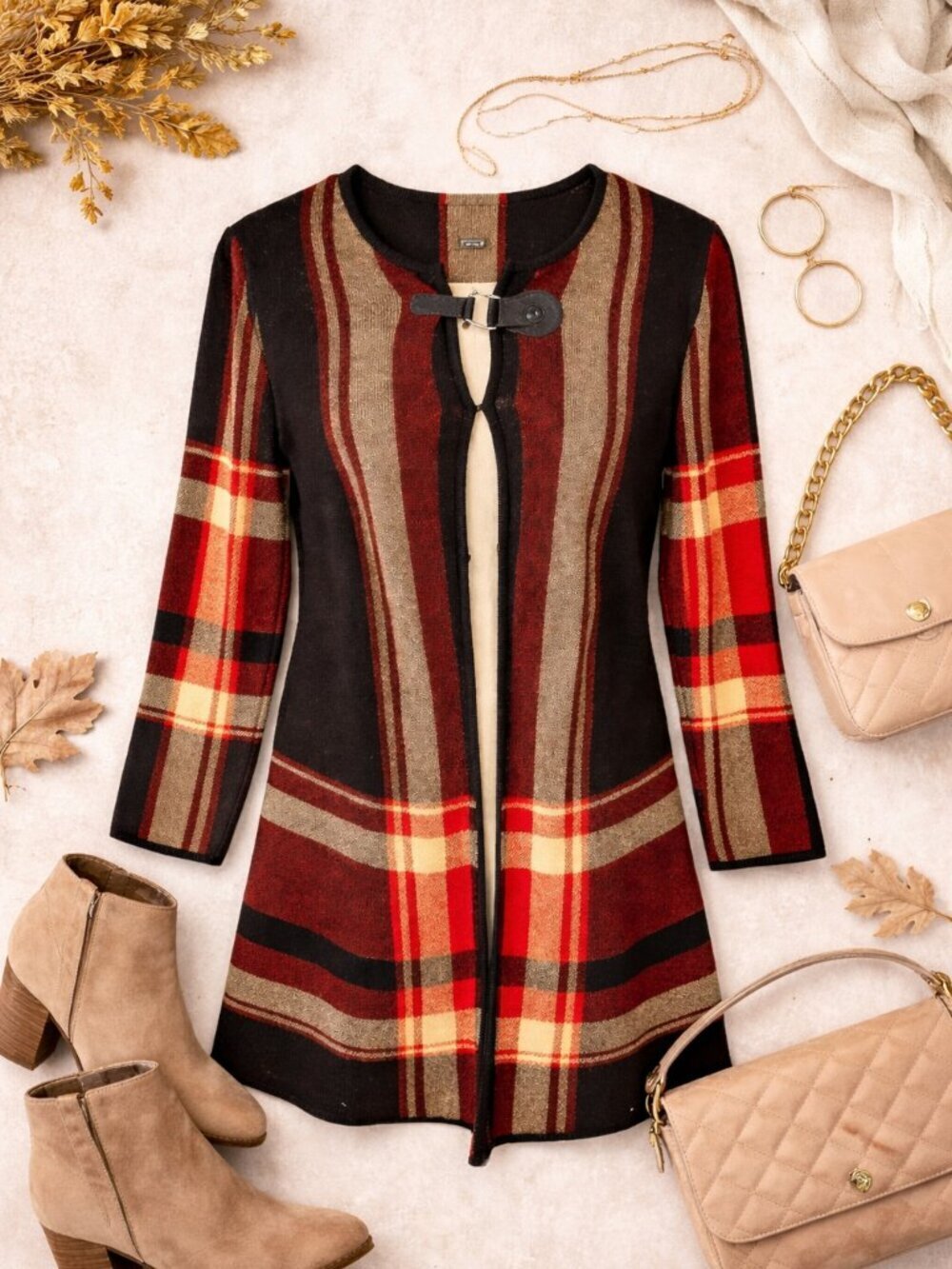 Jones Studio Plaid Cardigan Sweater Red Black Toggle Front Size S